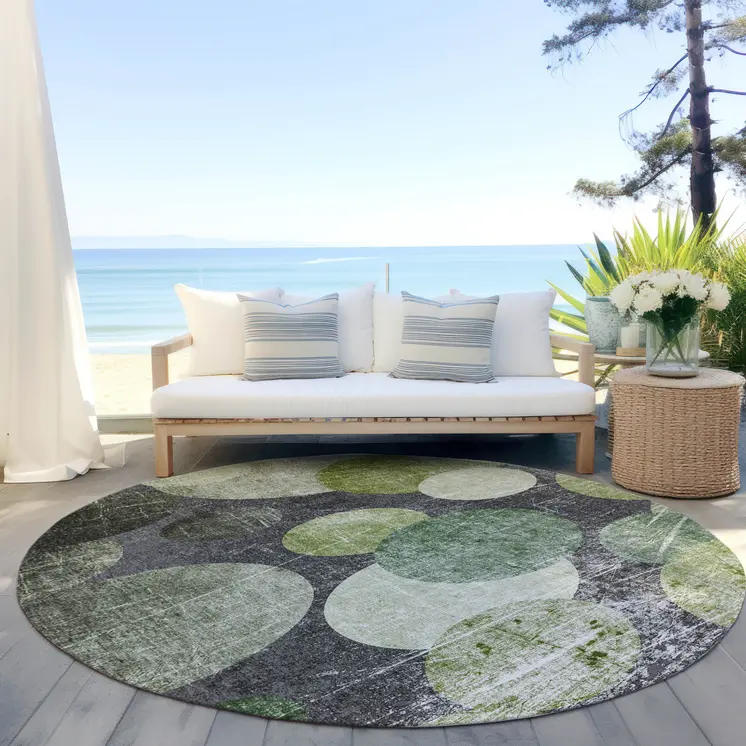 8' X 8' Green and Gray Round Abstract Washable Non Skid Indoor Outdoor Area Rug