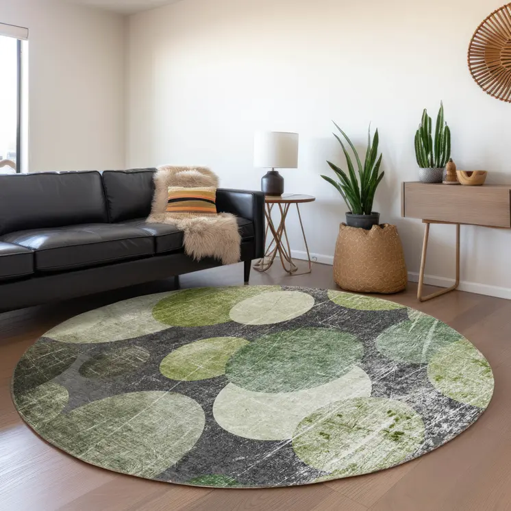 8' X 8' Green and Gray Round Abstract Washable Non Skid Indoor Outdoor Area Rug