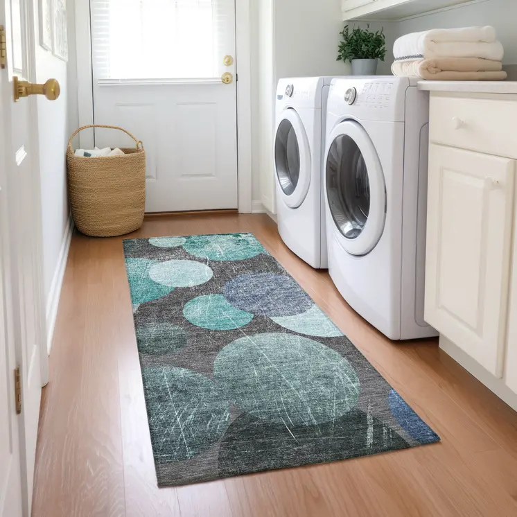2' X 8' Gray Blue and Purple Abstract Washable Non Skid Indoor Outdoor Runner Rug