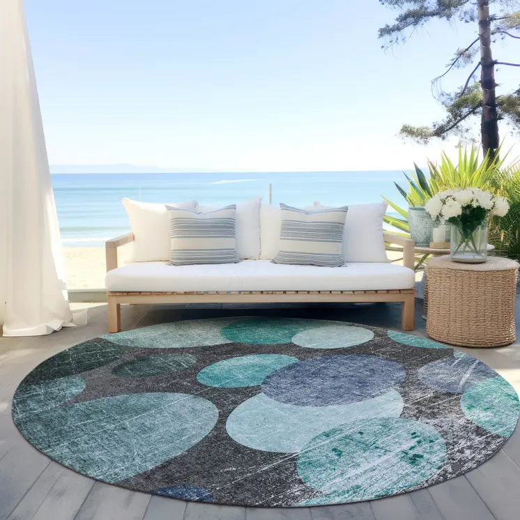 8' Round Gray Blue and Purple Round Abstract Washable Non Skid Indoor Outdoor Area Rug