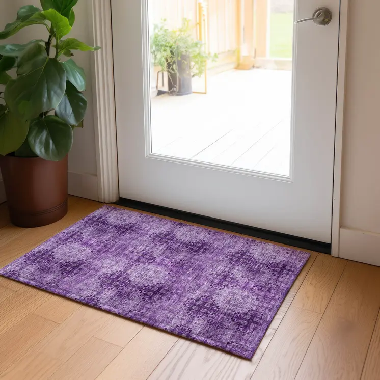 2' X 3' Eggplant Floral Medallion Washable Non Skid Indoor Outdoor Area Rug