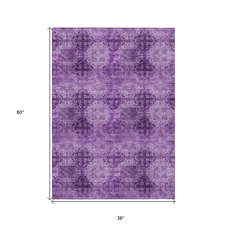 3' X 5' Eggplant Floral Medallion Washable Non Skid Indoor Outdoor Area Rug