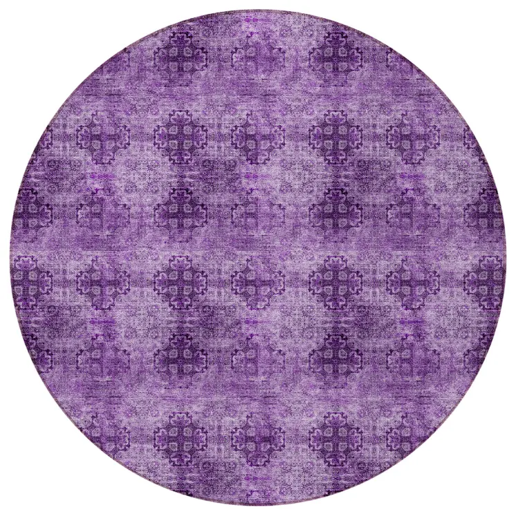 8' Round Eggplant Round Floral Medallion Washable Non Skid Indoor Outdoor Area Rug