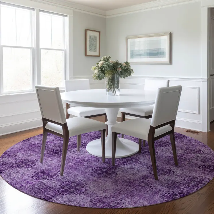 8' Round Eggplant Round Floral Medallion Washable Non Skid Indoor Outdoor Area Rug