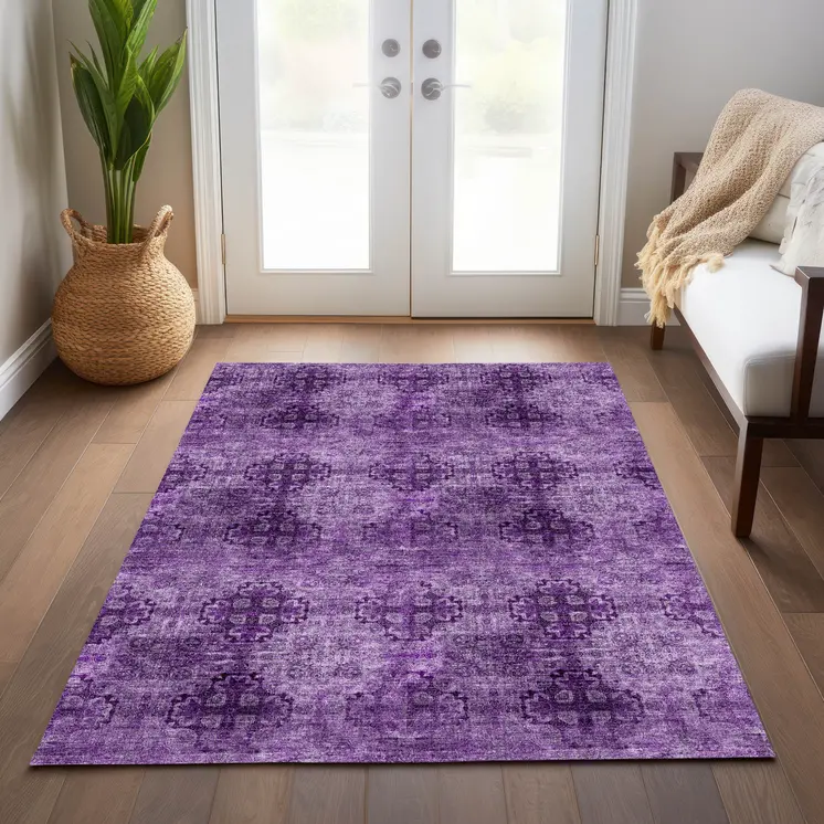 8' X 10' Eggplant Floral Medallion Washable Non Skid Indoor Outdoor Area Rug