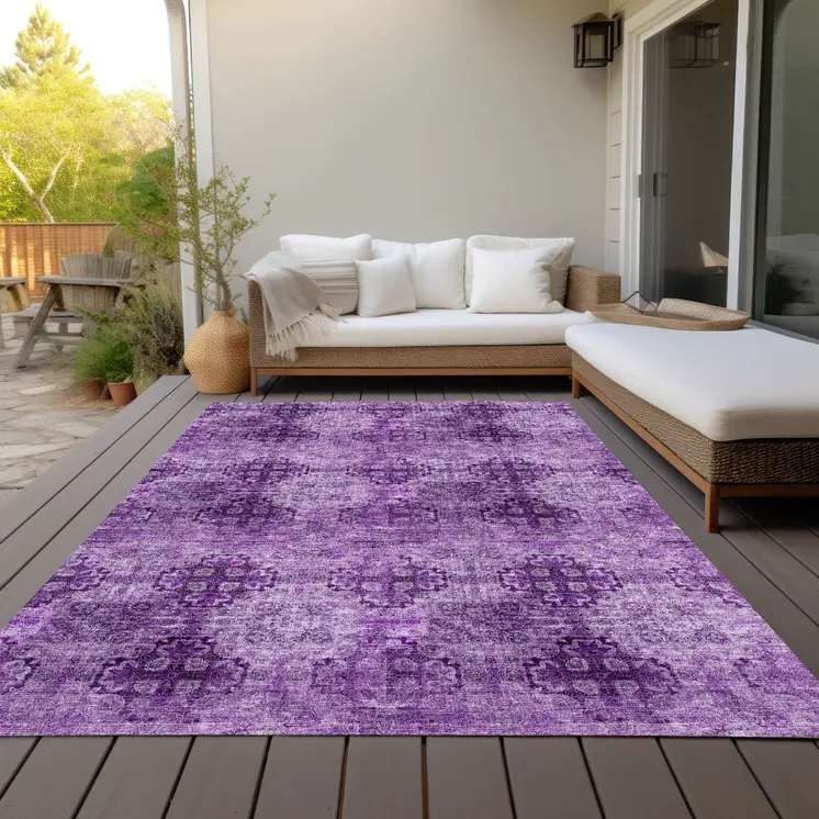 8' X 10' Eggplant Floral Medallion Washable Non Skid Indoor Outdoor Area Rug