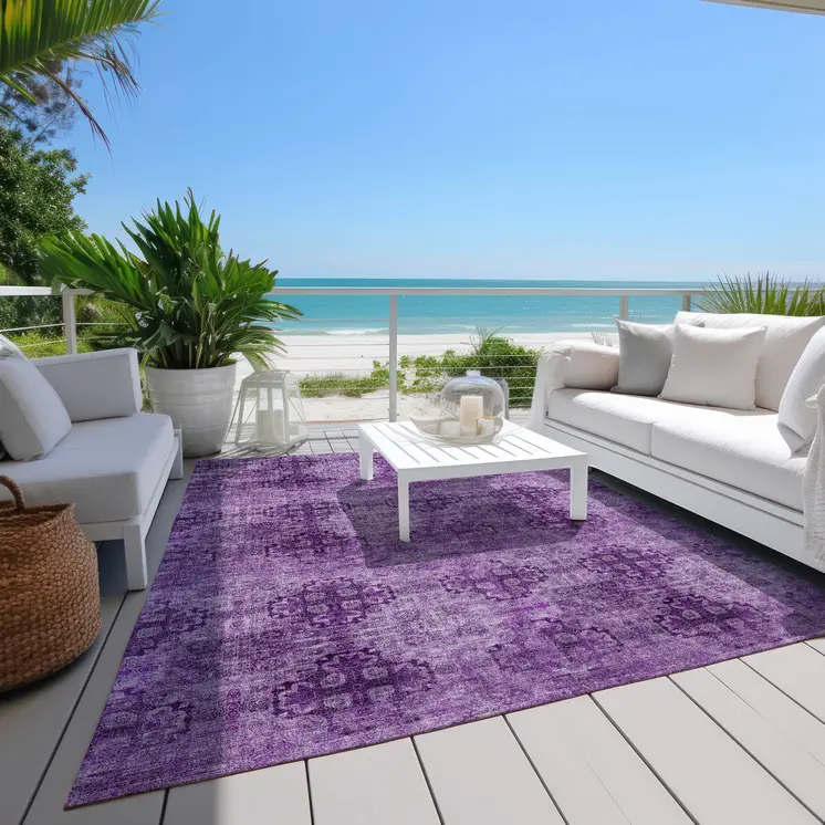 10' X 14' Eggplant Floral Medallion Washable Non Skid Indoor Outdoor Area Rug