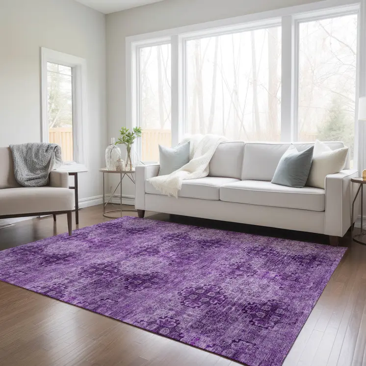 10' X 14' Eggplant Floral Medallion Washable Non Skid Indoor Outdoor Area Rug