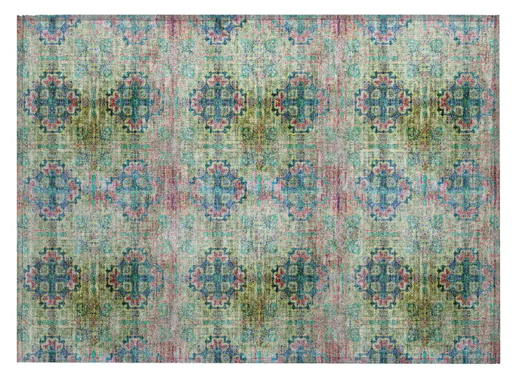 2' X 3' Blue and Green Floral Medallion Washable Non Skid Indoor Outdoor Area Rug