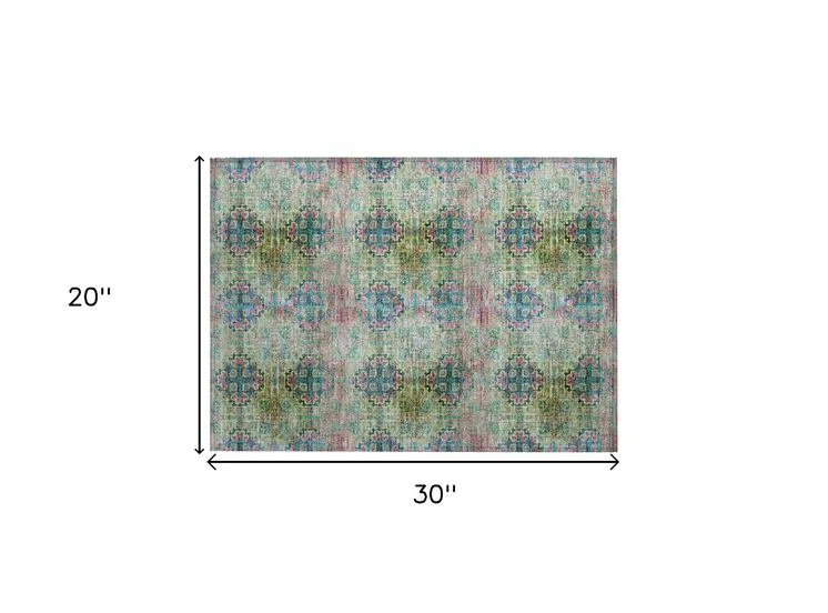 2' X 3' Blue and Green Floral Medallion Washable Non Skid Indoor Outdoor Area Rug