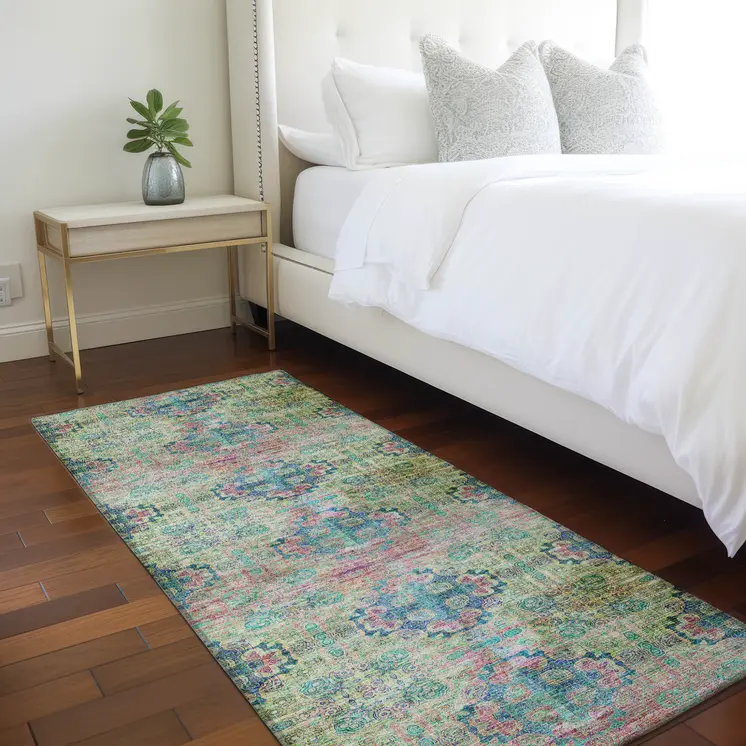 2' X 8' Blue and Green Floral Medallion Washable Non Skid Indoor Outdoor Runner Rug