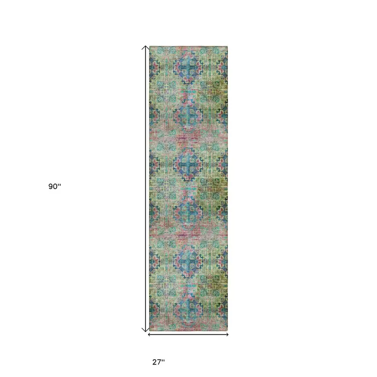 2' X 8' Blue and Green Floral Medallion Washable Non Skid Indoor Outdoor Runner Rug