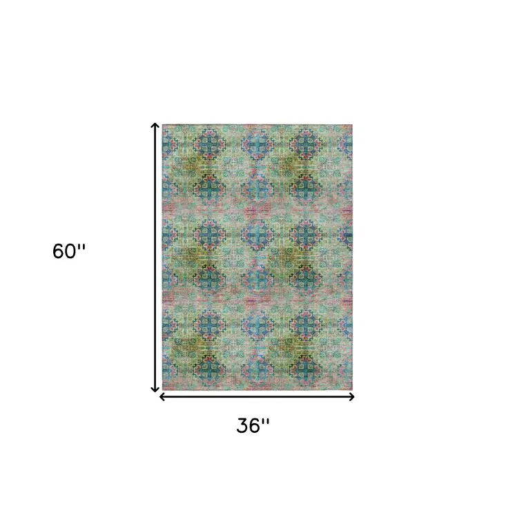 3' X 5' Blue and Green Floral Medallion Washable Non Skid Indoor Outdoor Area Rug