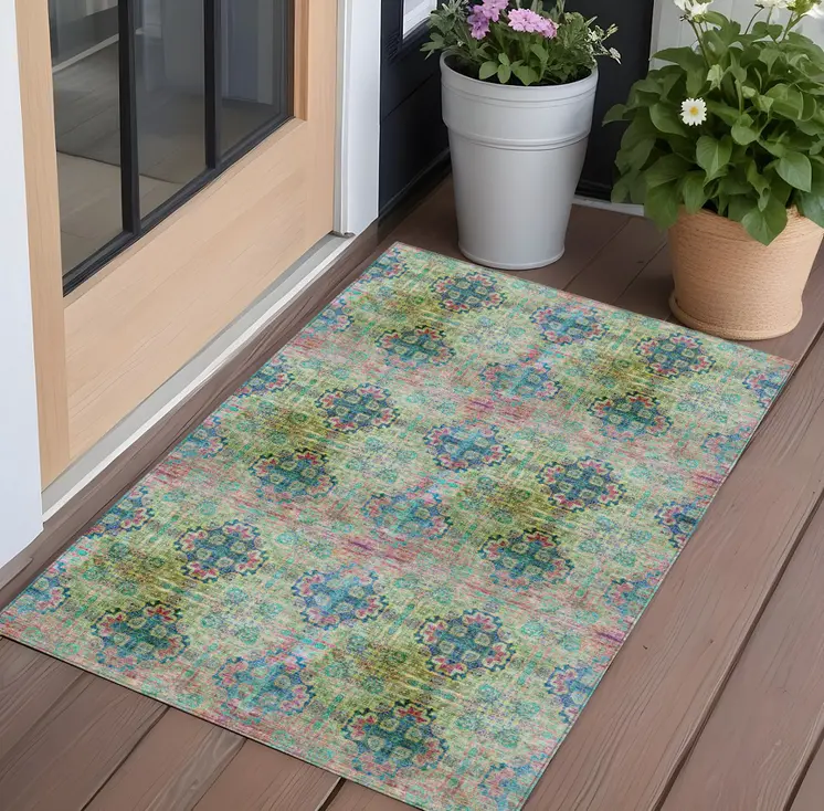 3' X 5' Blue and Green Floral Medallion Washable Non Skid Indoor Outdoor Area Rug