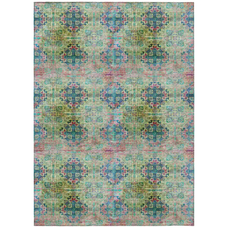 3' X 5' Blue and Green Floral Medallion Washable Non Skid Indoor Outdoor Area Rug