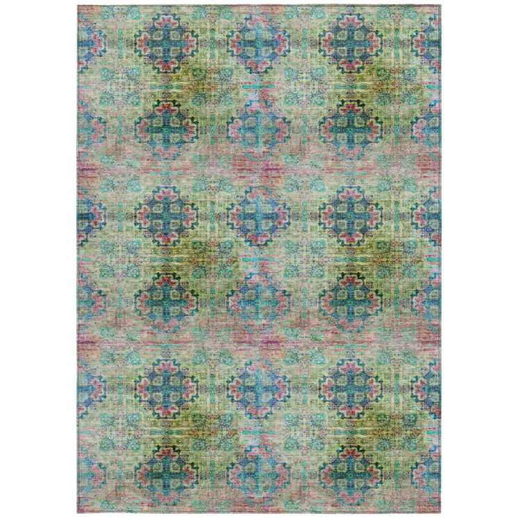 3' X 5' Blue and Green Floral Medallion Washable Non Skid Indoor Outdoor Area Rug