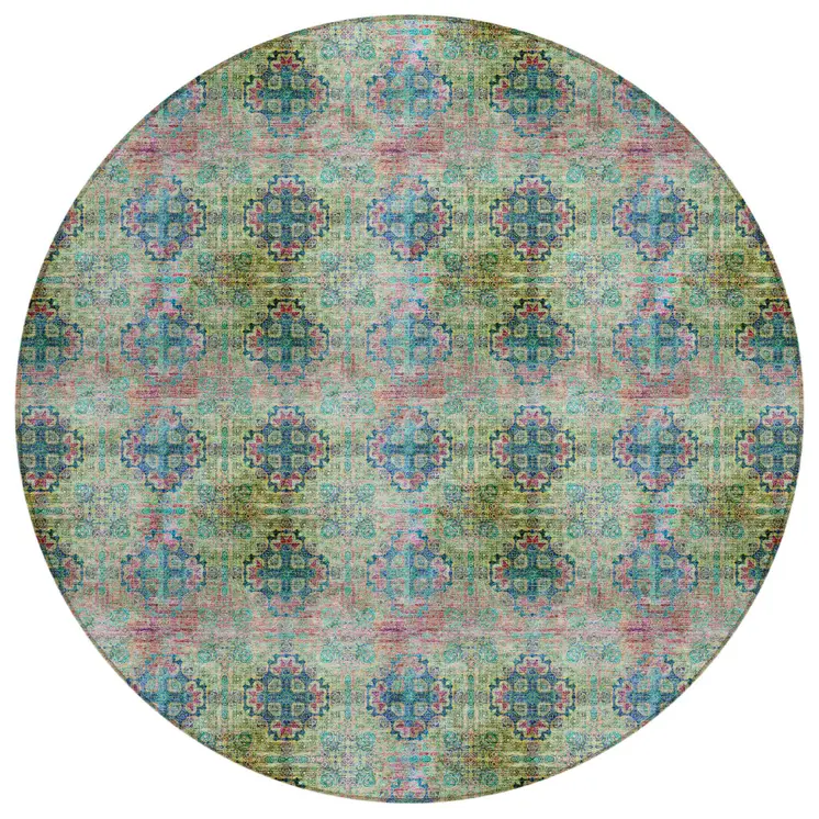 8' X 8' Blue and Green Round Floral Medallion Washable Non Skid Indoor Outdoor Area Rug