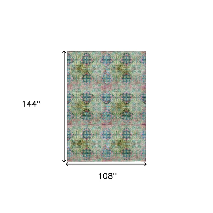9' X 12' Blue And Green Floral Medallion Washable Indoor Outdoor Area Rug