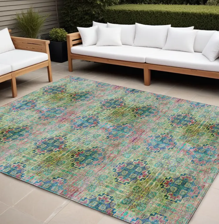 9' X 12' Blue And Green Floral Medallion Washable Indoor Outdoor Area Rug