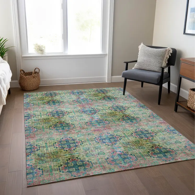 9' X 12' Blue And Green Floral Medallion Washable Indoor Outdoor Area Rug