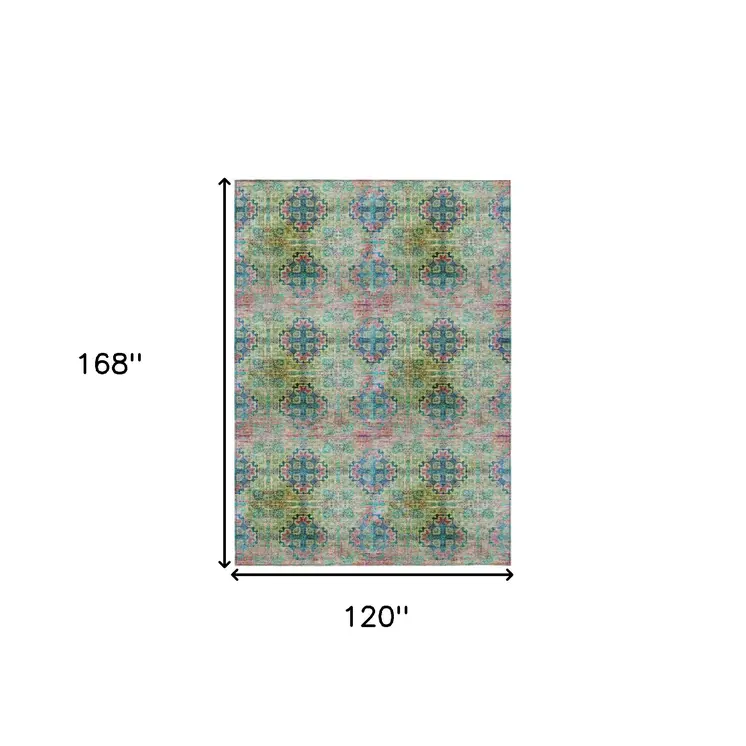 10' X 14' Blue and Green Floral Medallion Washable Non Skid Indoor Outdoor Area Rug