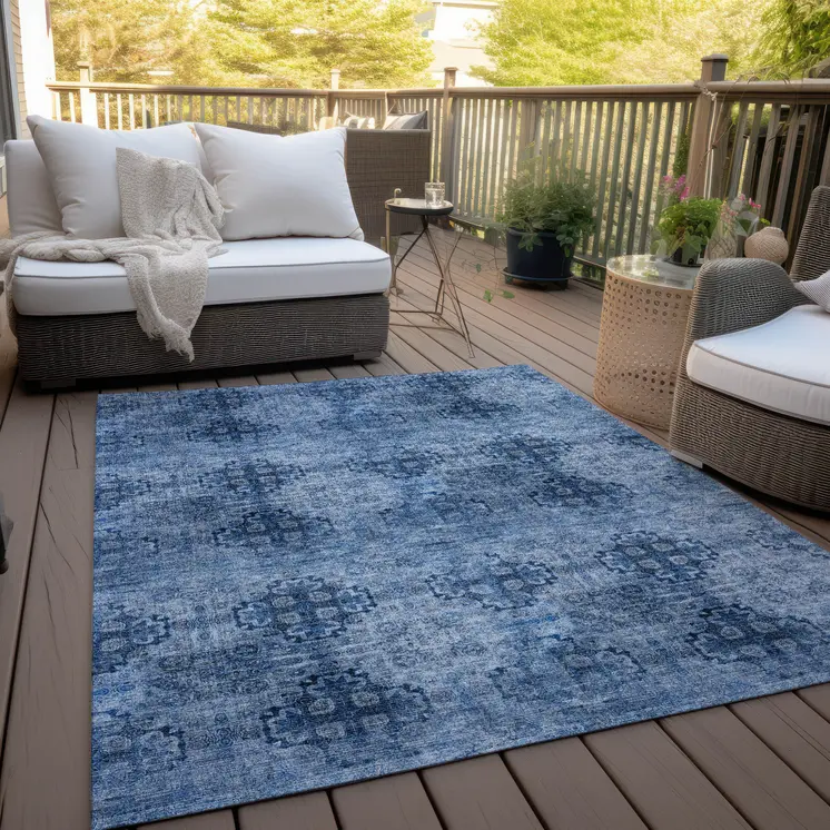 3' X 5' Navy Blue Floral Medallion Washable Non Skid Indoor Outdoor Area Rug