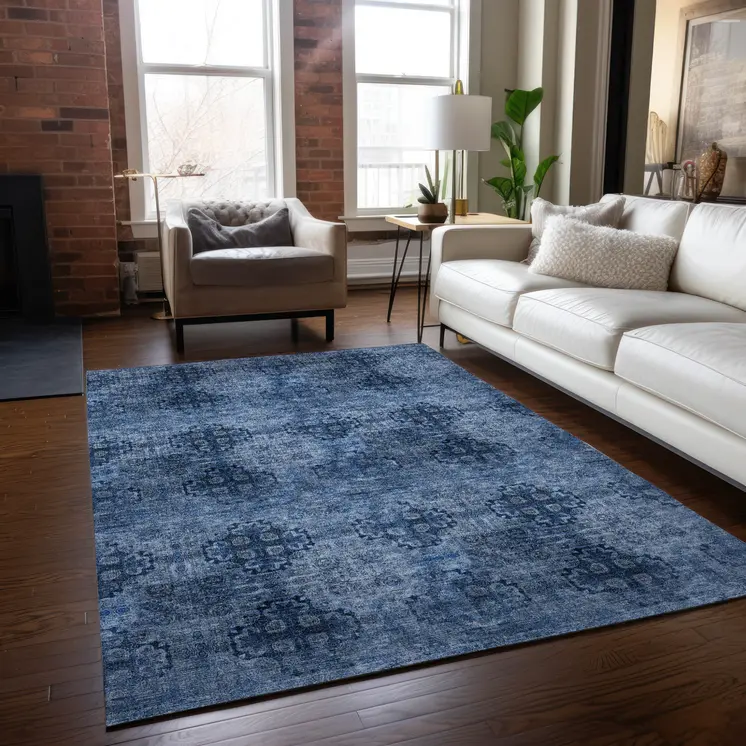 3' X 5' Navy Blue Floral Medallion Washable Non Skid Indoor Outdoor Area Rug