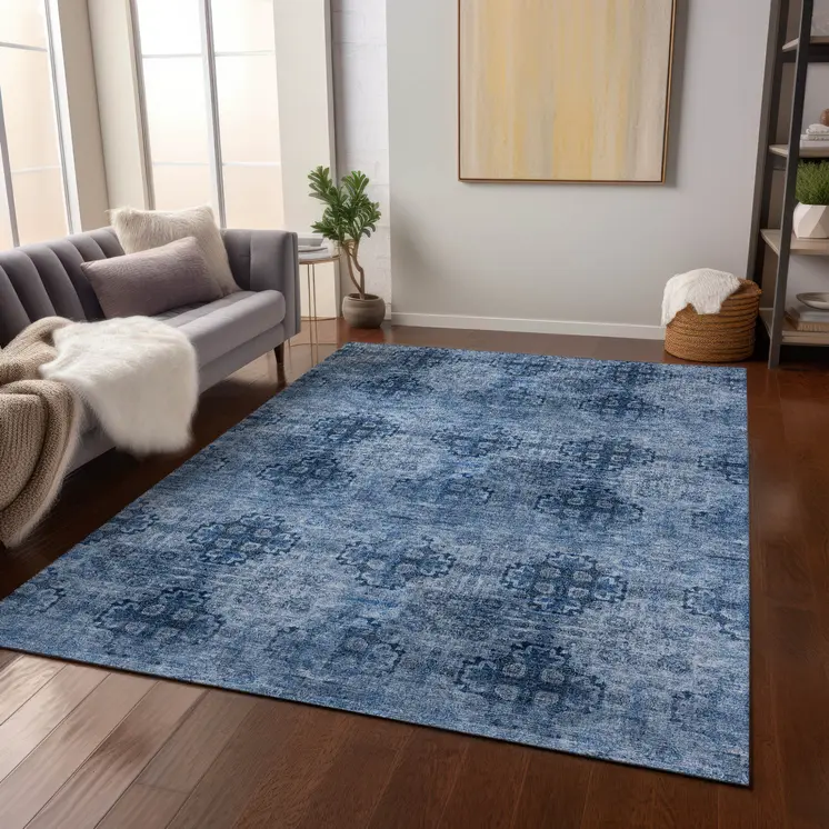 3' X 5' Navy Blue Floral Medallion Washable Non Skid Indoor Outdoor Area Rug