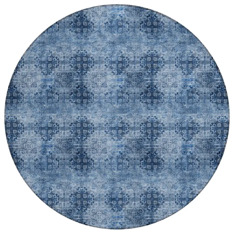 8' X 8' Navy Blue Round Floral Medallion Washable Non Skid Indoor Outdoor Area Rug