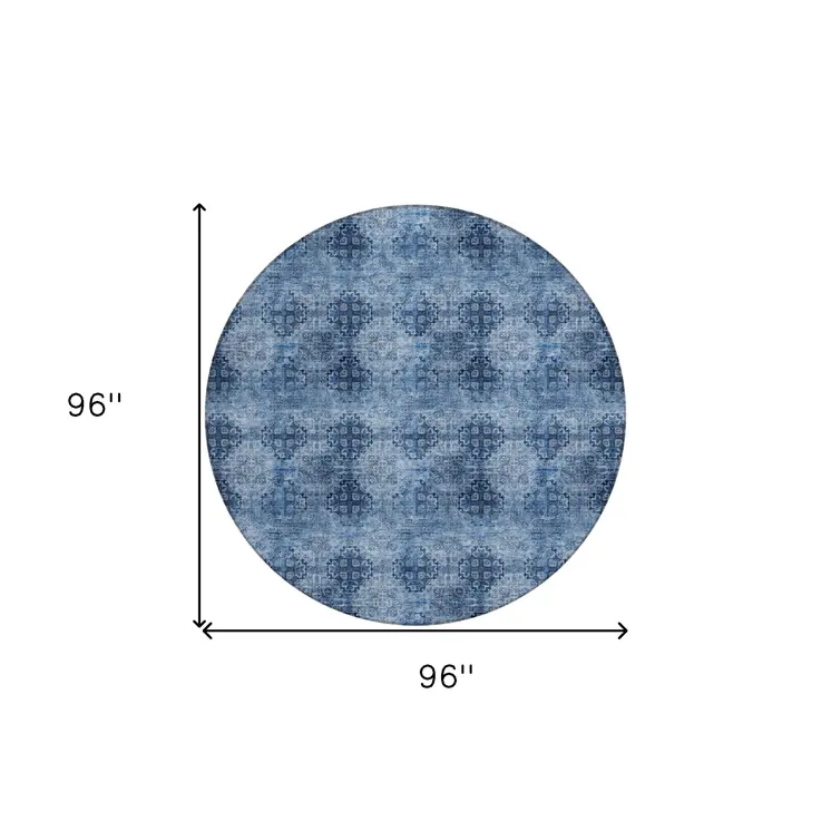 8' X 8' Navy Blue Round Floral Medallion Washable Non Skid Indoor Outdoor Area Rug