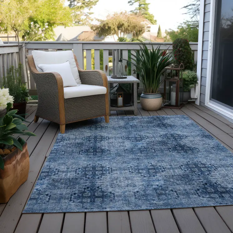 8' X 10' Navy Blue Floral Medallion Washable Non Skid Indoor Outdoor Area Rug
