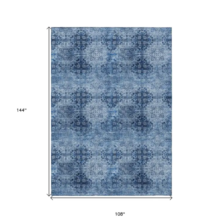 9' X 12' Navy Blue Floral Medallion Washable Non Skid Indoor Outdoor Area Rug