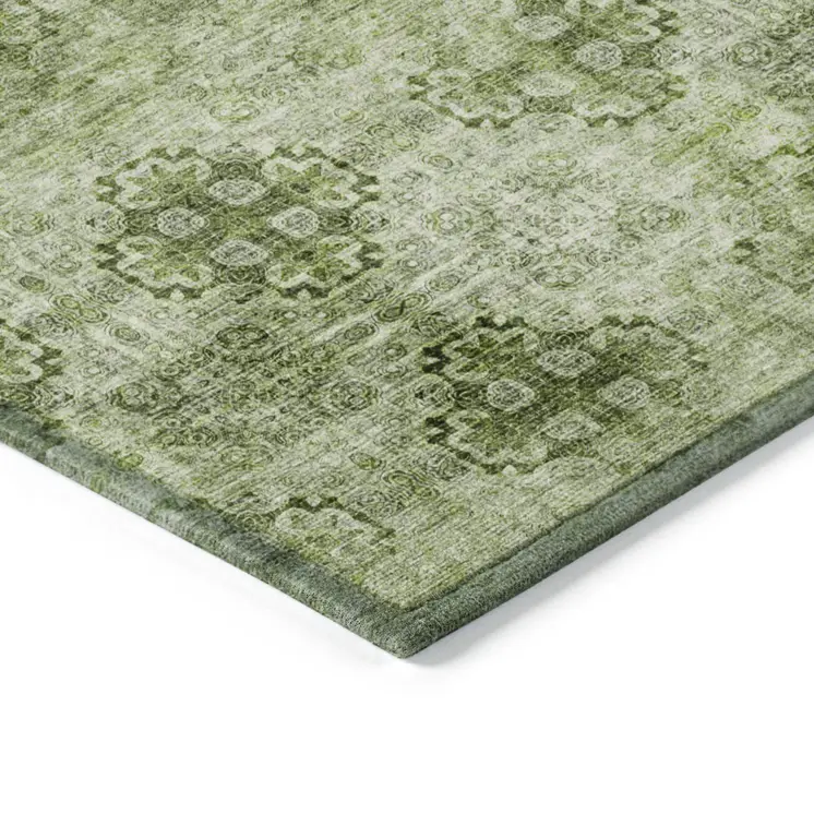 2' X 8' Olive Green Floral Medallion Washable Non Skid Indoor Outdoor Runner Rug