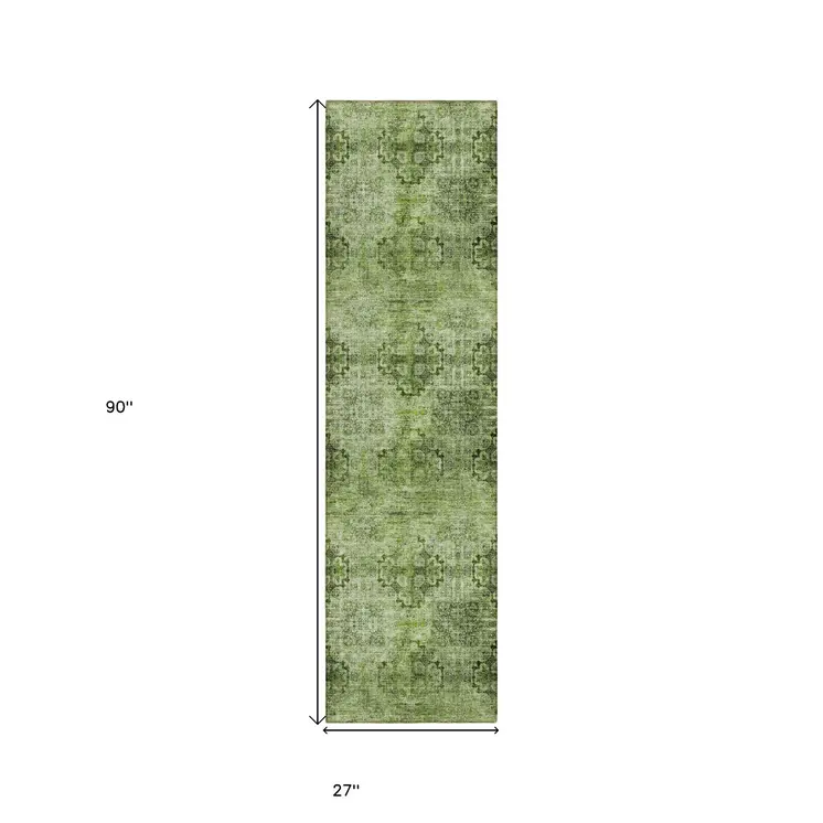 2' X 8' Olive Green Floral Medallion Washable Non Skid Indoor Outdoor Runner Rug