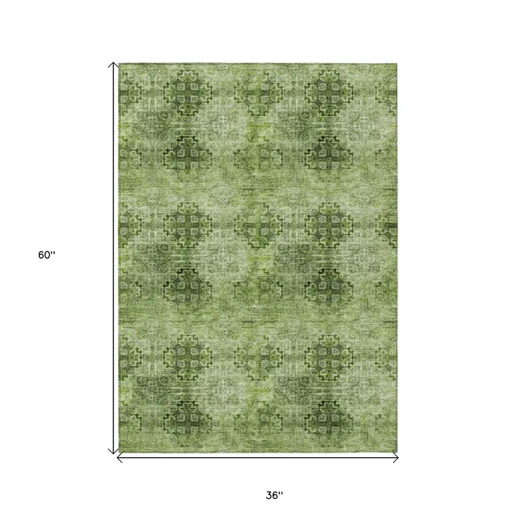3' X 5' Olive Green Floral Medallion Washable Non Skid Indoor Outdoor Area Rug