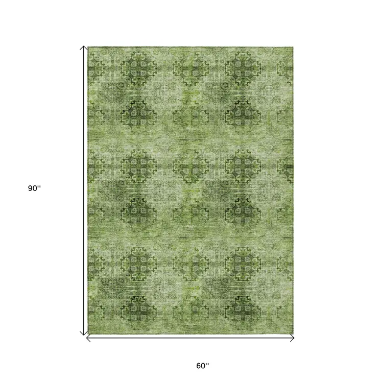 5' X 8' Olive Green Floral Medallion Washable Non Skid Indoor Outdoor Area Rug