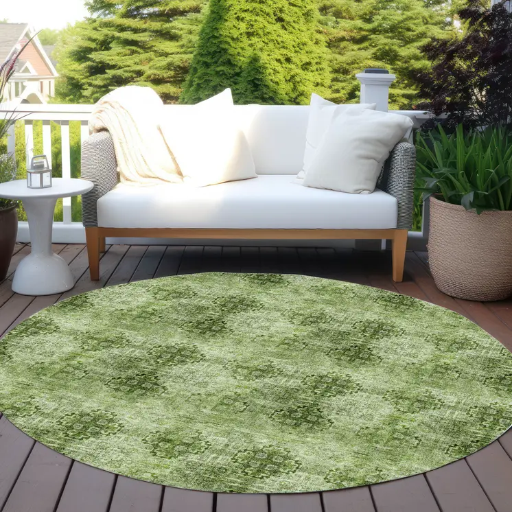 8' X 8' Olive Green Round Floral Medallion Washable Non Skid Indoor Outdoor Area Rug