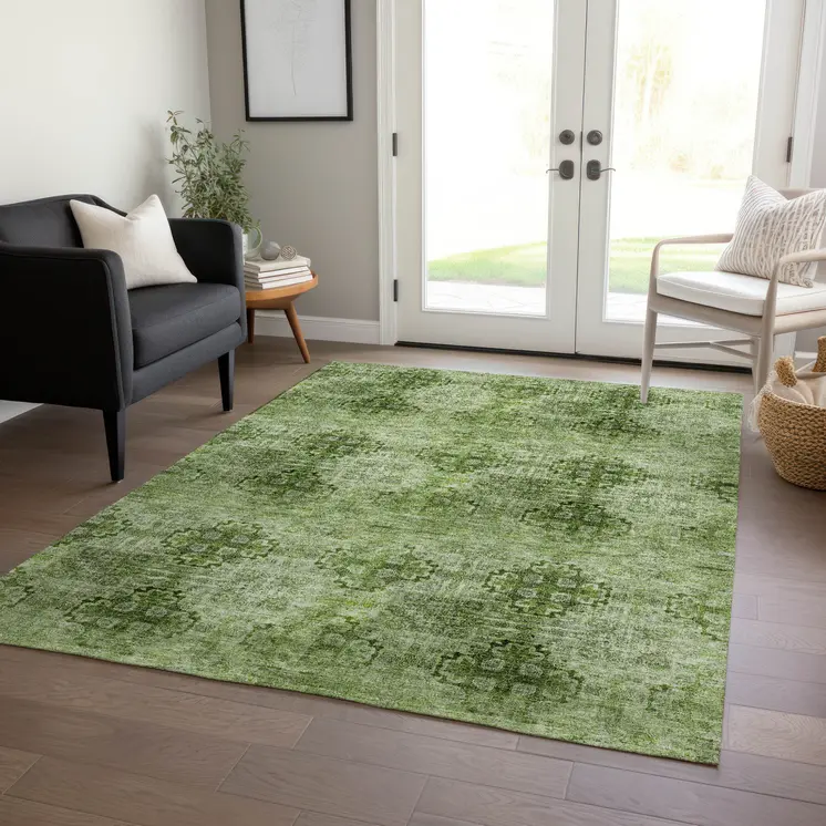 8' X 10' Olive Green Floral Medallion Washable Non Skid Indoor Outdoor Area Rug