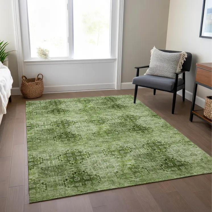 8' X 10' Olive Green Floral Medallion Washable Non Skid Indoor Outdoor Area Rug