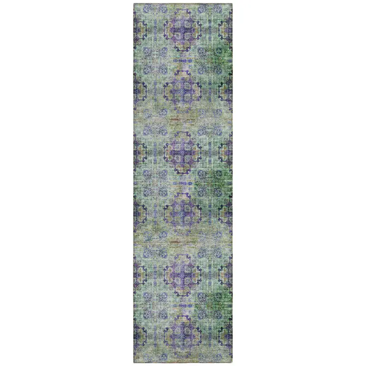 2' X 8' Purple and Green Floral Medallion Washable Non Skid Indoor Outdoor Runner Rug