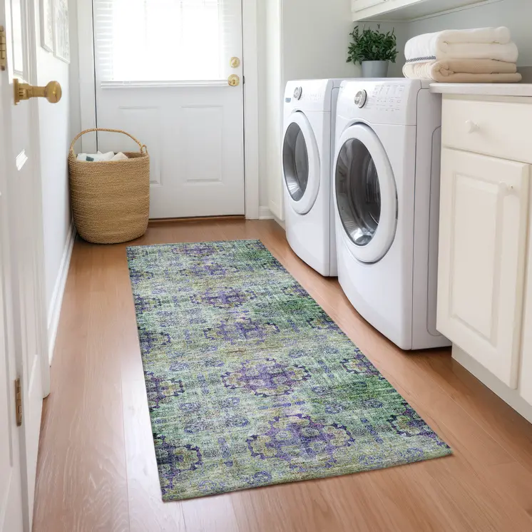 2' X 8' Purple and Green Floral Medallion Washable Non Skid Indoor Outdoor Runner Rug