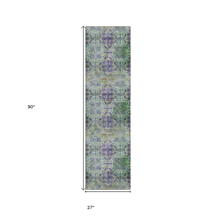 2' X 8' Purple and Green Floral Medallion Washable Non Skid Indoor Outdoor Runner Rug