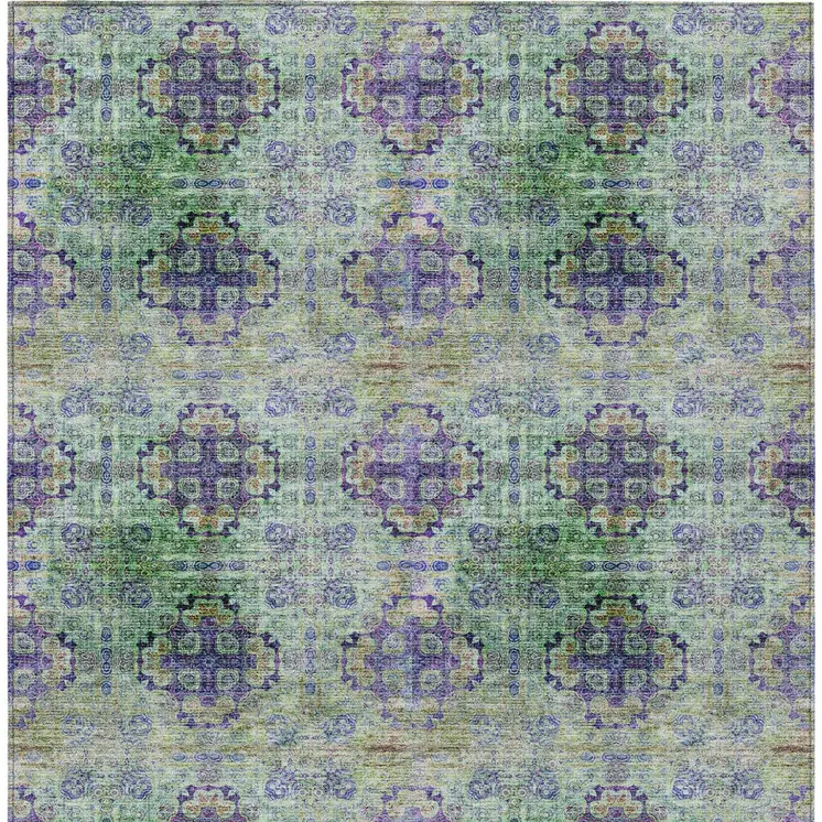 5' X 8' Purple and Green Floral Medallion Washable Non Skid Indoor Outdoor Area Rug