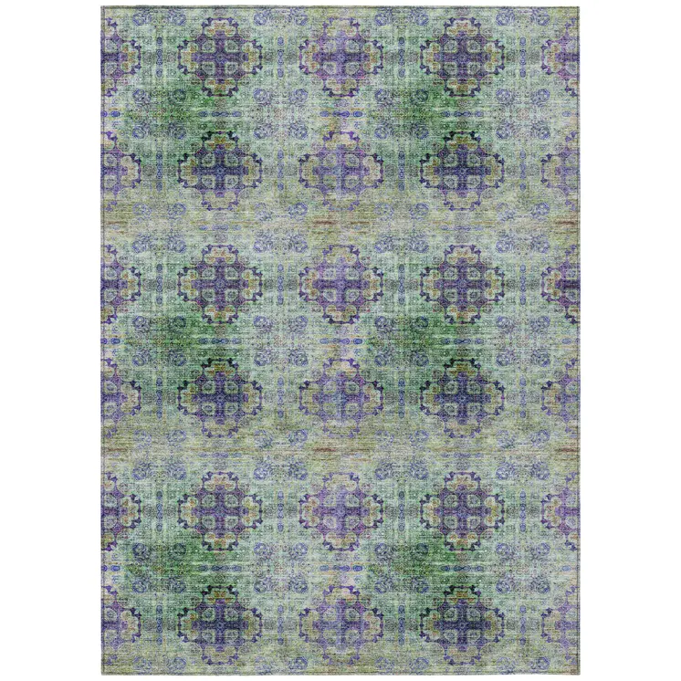 5' X 8' Purple and Green Floral Medallion Washable Non Skid Indoor Outdoor Area Rug