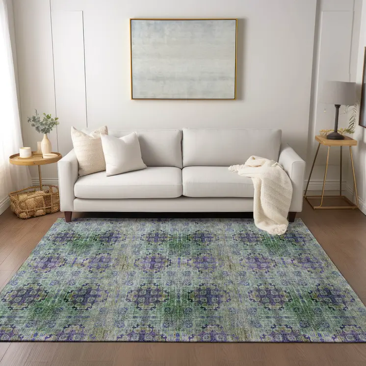 5' X 8' Purple and Green Floral Medallion Washable Non Skid Indoor Outdoor Area Rug