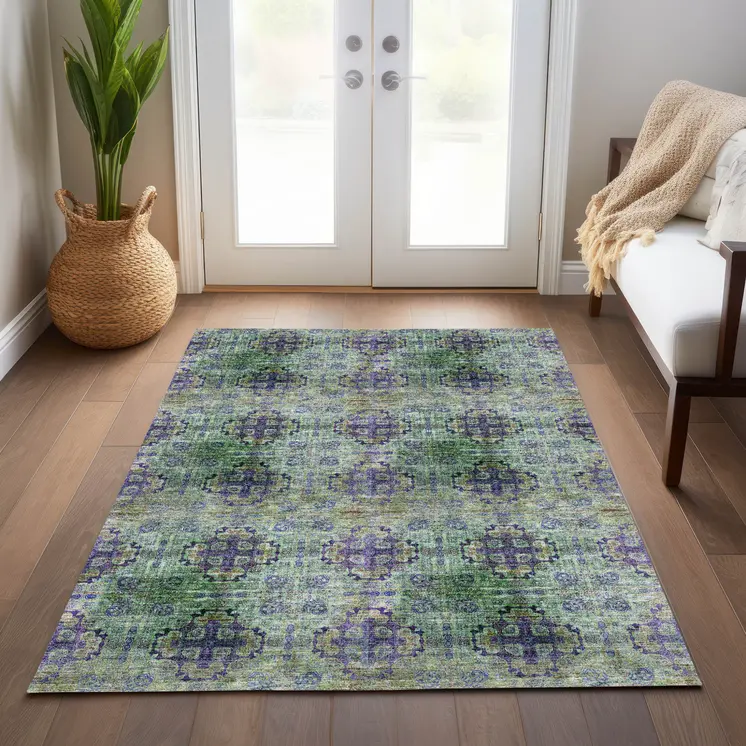 5' X 8' Purple and Green Floral Medallion Washable Non Skid Indoor Outdoor Area Rug
