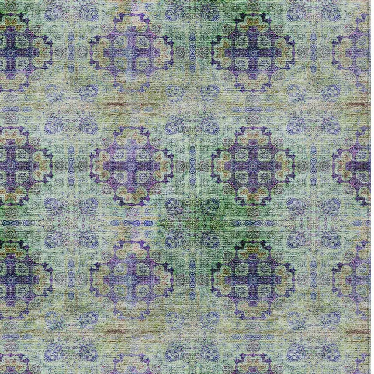 9' X 12' Purple And Green Floral Medallion Washable Indoor Outdoor Area Rug