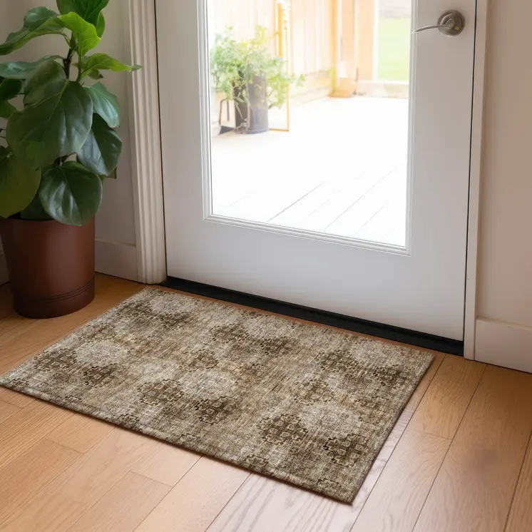 2' X 3' Taupe Floral Medallion Washable Non Skid Indoor Outdoor Area Rug