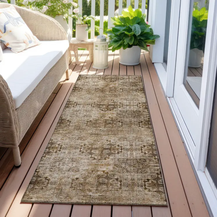 2' X 8' Taupe Floral Medallion Washable Non Skid Indoor Outdoor Runner Rug