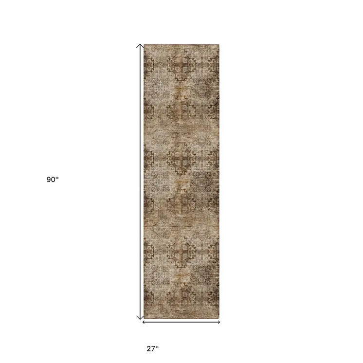 2' X 8' Taupe Floral Medallion Washable Non Skid Indoor Outdoor Runner Rug